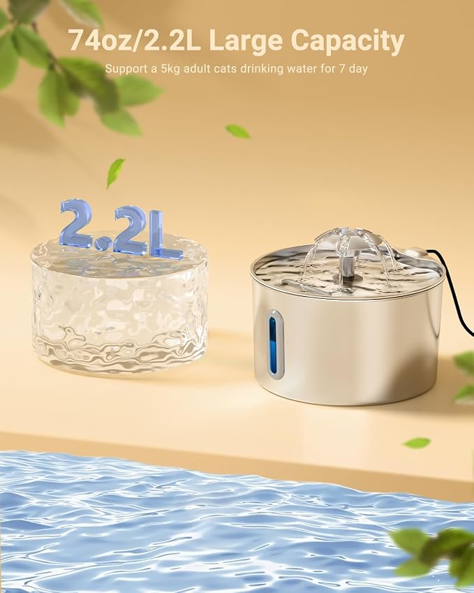 Cat Water Fountain Stainless Steel - 74oz/2.2L Automatic Large Pet Watering Bowl Dispenser for Indoor Cats - Drinking Fountains with 6 Filter, Gifts for Dogs and Kitty - Dog Waterer Bowls No Spill