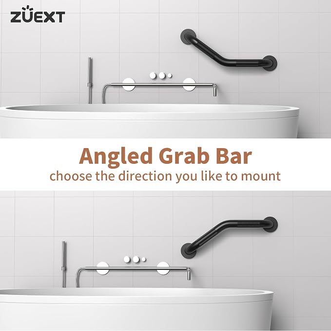 16 Inch Angled Grab Bar 2 Pack, ZUEXT Anti Slip Black Shower Grab Bar Handles, Stainless Steel Knurled Bathroom Balance Bar, Safety Hand Rail Support,Handicap Elderly Injury Senior Assist Bath Handle