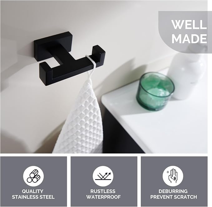 Angle Simple Double Towel Hook Matte Black, SUS304 Stainless Steel Bathroom Towel Holder, Coat Robe Hook Wall Mount