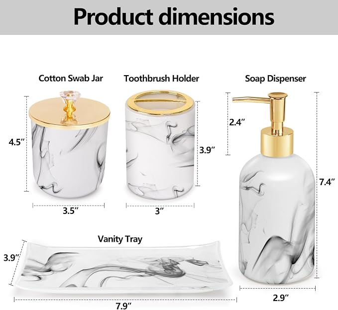 Haturi Bathroom Accessories Set, 4 Pcs Marble Look Sets Soap Dispenser & Toothbrush Holder Counter Top Restroom Apartment Decor Stuff, Glass Kits, Gift for Women and Men, Ink White | Kit w/ Bathroom Soap Dispenser Set, Toothbrush Holder, Qtip Holder, S...