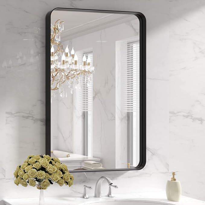 LOAAO 28X36 Inch Black Bathroom Mirror Metal Framed | Matte Black, Rounded Rectangle, Anti-Rust, Hangs Horizontally or Vertically