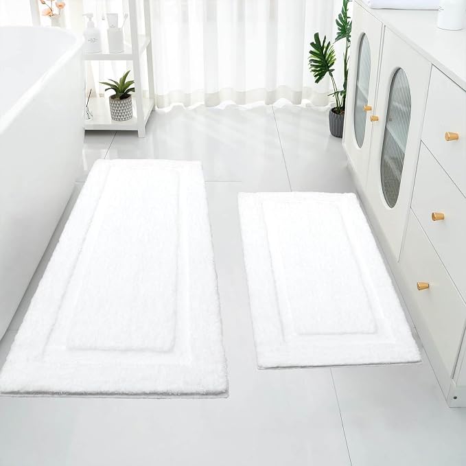 SHACOS Soft Microfiber Bathroom Rugs Set of 2 Pieces, White | 47x20 + 32x20, Absorbent Plush Bath Rugs, Non Slip Washable Shaggy Bath Mats, Fluffy Bathroom Runner Floor Mats Shower Rug