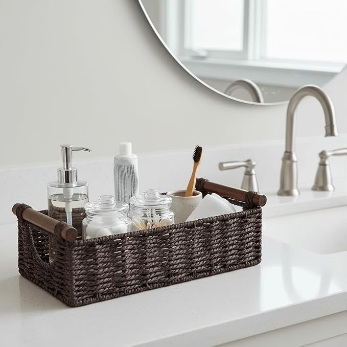 CubesLand Small Wicker Toilet Basket Tray Organizer W/Cut Out Handle, Handwoven Slim Decorative Basket for Countertop, Shelves And for Rustic Home Decor, Living Room, Nursery Organization, Brown