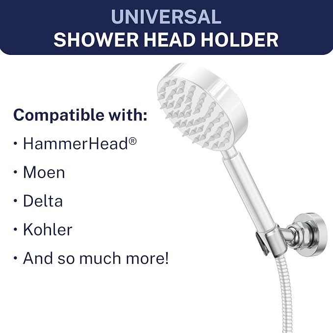 HammerHead Showers® Solid Metal Handheld Shower Head Holder Wall Mount – Chrome – Adjustable Screw Mounted Shower Wand Holder with Pivot Ball – Shower Hose Holder, Fits Most Handheld Shower Heads