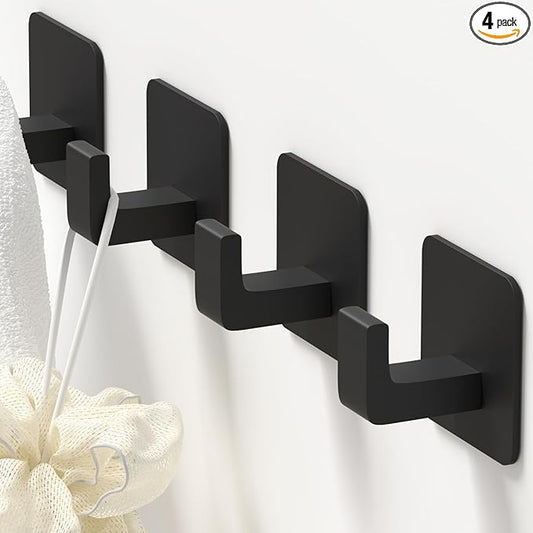 GWAAZXGZ Square Self Adhesive Towel Hooks - 4 Pack Matte Black Metal Hooks, Right-Angle Design for Towels, Robes & Hats, Organize Bathroom, Kitchen, Entryway, Doors, Cabinets on Smooth Surfaces