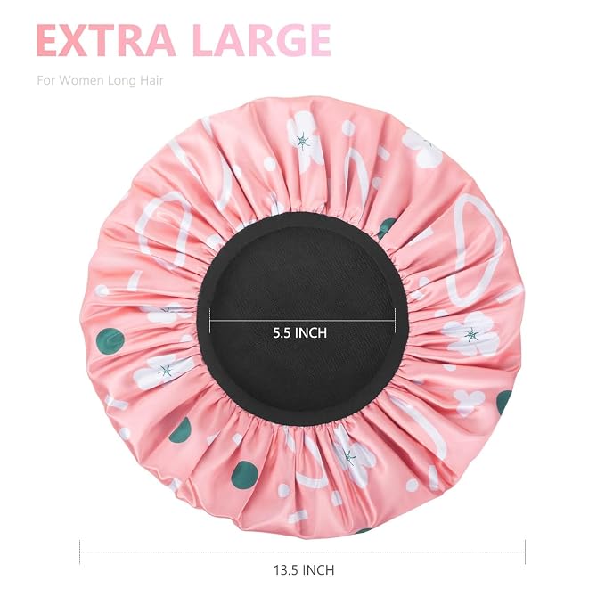 Aquior Shower Cap,Extra Large Triple Layer Bathing Cap with Dry Hair Function for Women Microfiber Terry Cloth Silky Satin 100%% Waterproof Reusable Long Hair Bath Caps (Pink Flora)