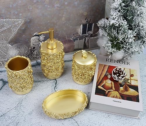 Hymmah Gold Bathroom Accessories Set,Rose Design Bathroom Set,Farmhouse Bathroom Decor,4 Pcs Resin Gift Set Apartment Necessities, Contain Cotton Swab Jar,Soap Dispenser,Soap Dish,Tumbler White