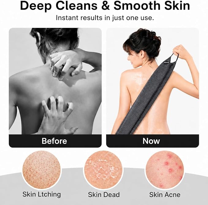 Exfoliating Washcloth Towel with Handle, Back Scrubber for Shower, Exfoliating Body Scrubber Exfoliator, Japanese Wash Cloth for Body Scrub, Bath Sponge Loofah Luffa Washer Exfoliator