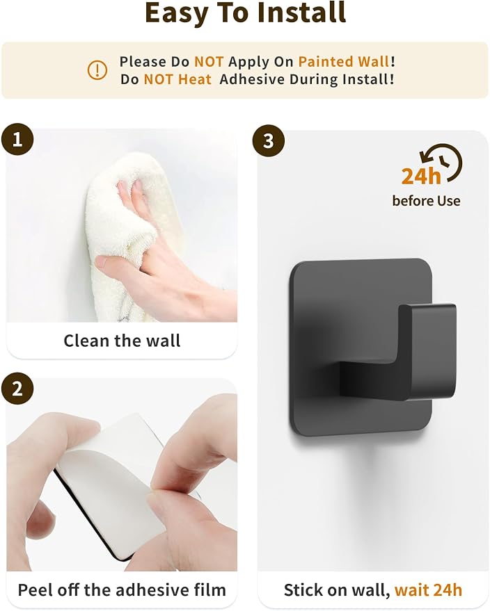GWAAZXGZ Square Self Adhesive Towel Hooks - 6 Pack Matte Black Metal Hooks, Right-Angle Design for Towels, Robes & Hats, Organize Bathroom, Kitchen, Entryway, Doors, Cabinets on Smooth Surfaces