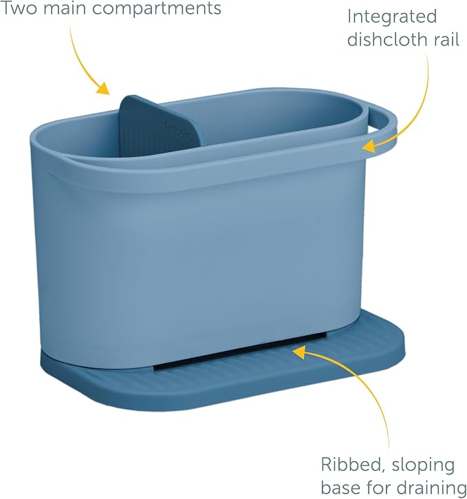 ReBorn Recycled Sink Organizer, Kitchen Sink Organizer, Two Main Compartments, Integrated Dish Cloth Rail, Ribbed and Sloped Base for Draining, Would Made in UK (Avon Blue)