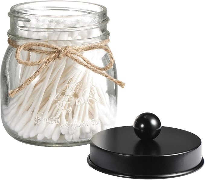 SheeChung Small Glass Mason Jar Qtip Holder with Black Stainless Steel Lid | Clear Apothecary Jar Canisters Set,Bathroom Jar Dispenser,Vanity Storage Organizer for Cotton Swab,Ball,Floss,Farmhouse Decor