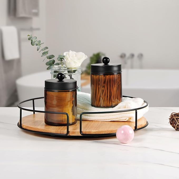 Amolliar Amber Glass Apothecary Jars Qtip Holder w/Metal Lids,Black 4pc | for Bathroom Vanity Storage, Countertop, Farmhouse Style, Holds Cotton Swabs, Dental Floss, Makeup Sponges
