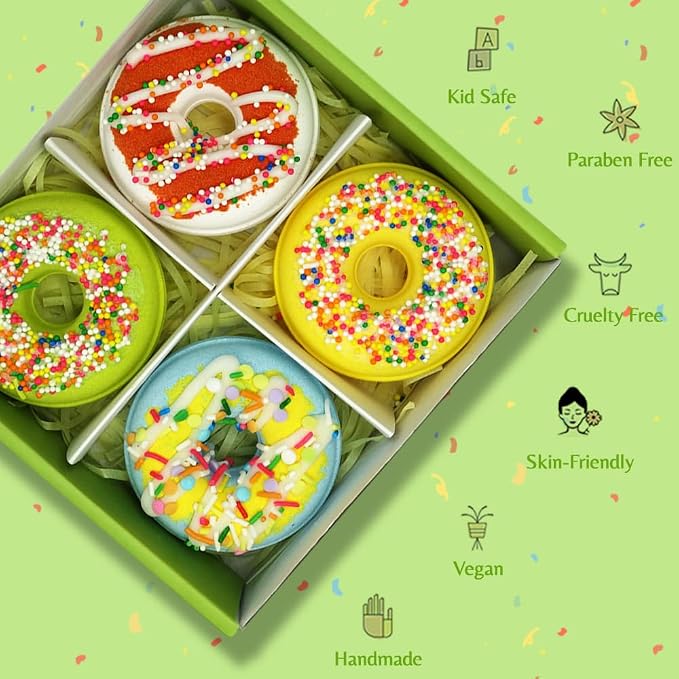 KAV Donut Bath Bombs Gift Set – 4 Piece Handmade Organic Bath Bomb Kit with Essential Oils – Relaxation Spa Gift for Women, Men, Teens, Kids – Self Care & Aromatherapy Soak (Fresh)