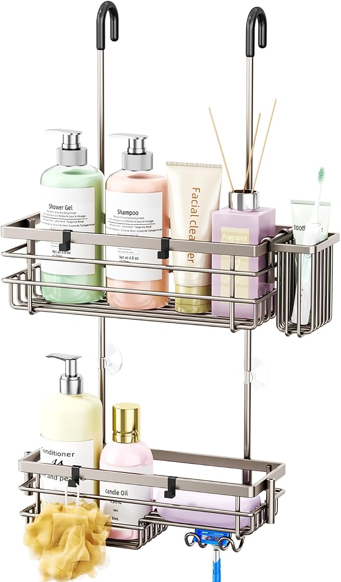 HapiRm Hanging Shower Caddy Organizer - No Drilling Shower Shelves with Hooks and Toothbrush Holder, Rustproof 304 Stainless Steel Bathroom Organizer - Brushed Nickel