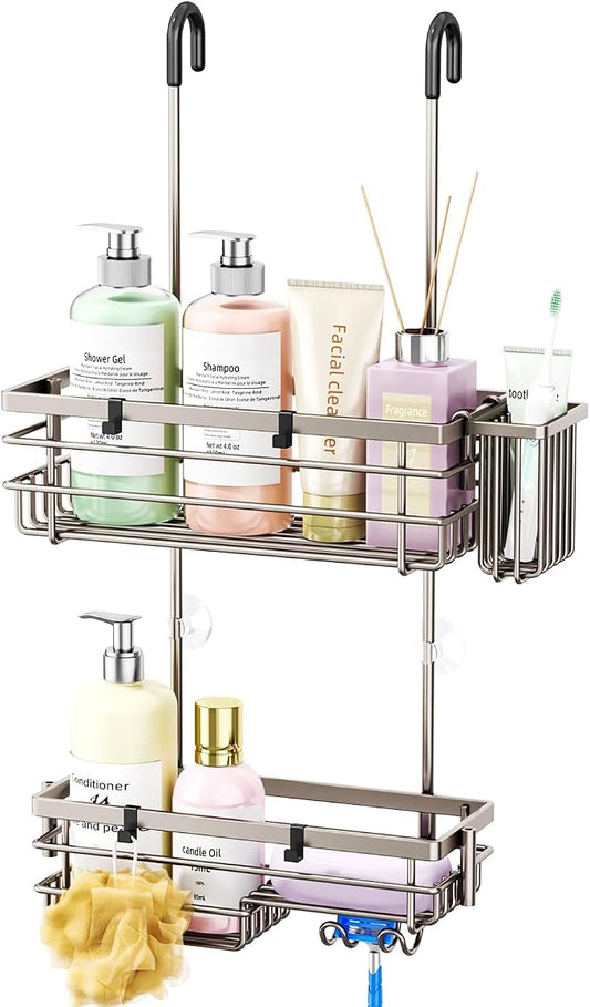 HapiRm Hanging Shower Caddy Organizer - No Drilling Shower Shelves with Hooks and Toothbrush Holder, Rustproof 304 Stainless Steel Bathroom Organizer - Brushed Nickel