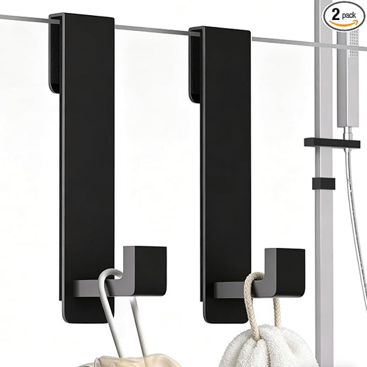 PMMASTO Shower Door Hooks, 7.5 Inch Extended Stainless Steel Heavy Duty Towel Hooks for Bathroom Frameless Glass Shower Door, L Shape Hooks for Hanger Robe, Towel, Black, 2 Pack