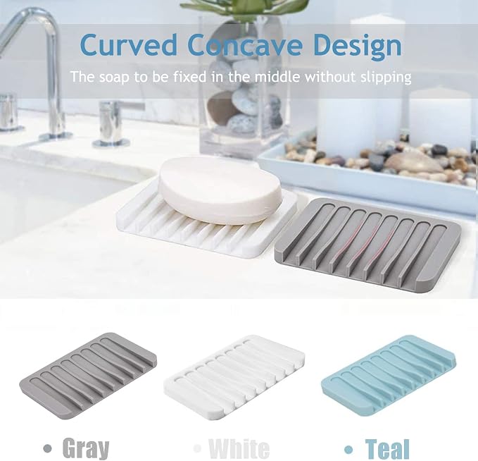 Self Draining Soap Dishes, 3 Pcs Silicone Soap Saver, Waterfall Drainer Soap Holder for Bathroom, Extend Soap Life, Keep Soap Bars Dry Clean & Easy Cleaning (White, Gray, Teal)