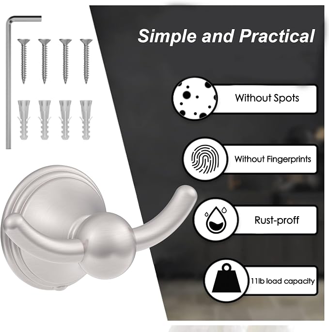 Asidrama Towel Hooks for Bathroom,Brushed Satin Nickel Coat Hooks for Kitchen Shower Door Wall Mounted,Exquisite Robe & Towel Hooks,Durable Robe Wall Hooks for Hanging Towels (2 Pack)