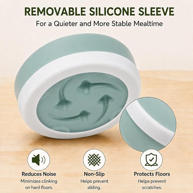 Ceramic Slow Feeder Dog Bowl, 0.6 Cup, Light Green Bowl&White Base | Shooting Star maze puzzle feeder with removable non-slip base; puppy bowl and cat slow feeder for daily dry or wet food