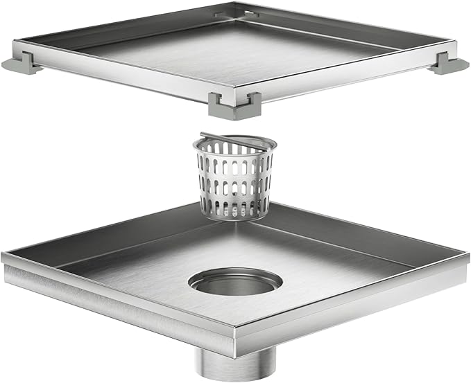 Neodrain 8-Inch Square Shower Drain with Removable Tile Insert Grate, Brushed 304 Stainless Steel, CUPC Certified, Includes Hair Strainer