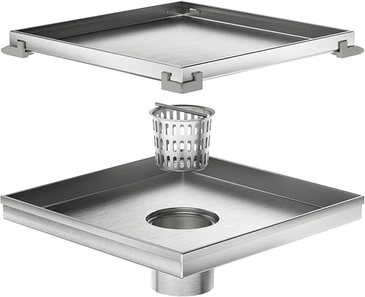 Neodrain 8-Inch Square Shower Drain with Removable Tile Insert Grate, Brushed 304 Stainless Steel, CUPC Certified, Includes Hair Strainer