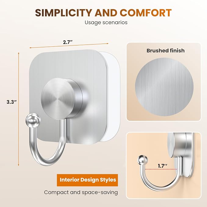Aikzik 4 Pack Large Heavy Duty Wall Hooks - 26lb Max, Stainless Steel Adhesive Towel Hook, Shower Hooks for Hanging Towel, Coat, Robe, Wall Hook for Use in Bathroom, Kitchen and Door