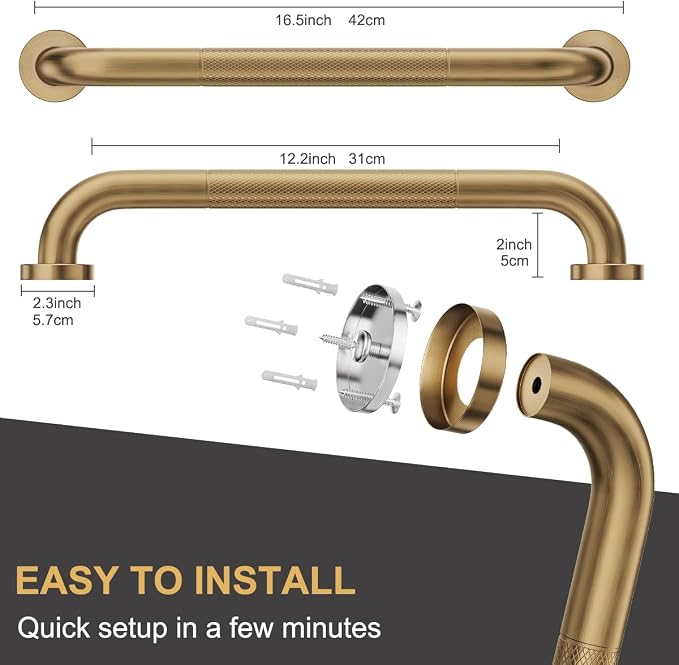 FANHAO 2 Pack Shower Grab Bar, 16 Inch Stainless Steel Bathroom Grab Bar with Anti-Slip Knurled Grip, Heavy Duty Shower Handle Bath Handle, Safety Bars for Elderly Handicapped (Champagne Bronze)