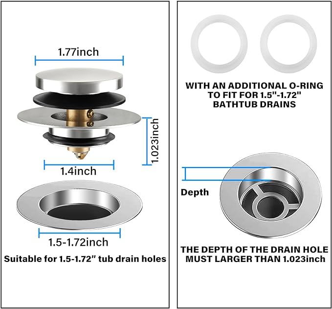 Bathtub Drain Stopper, Tub Plug for 1.5"-1.72" Regular Drains | Universal Pop Up Tub Stopper Replacement for Tip Toe/Trip Lever/Lift&Turn Tub Drains, 3 O-Rings,Chrome Plated