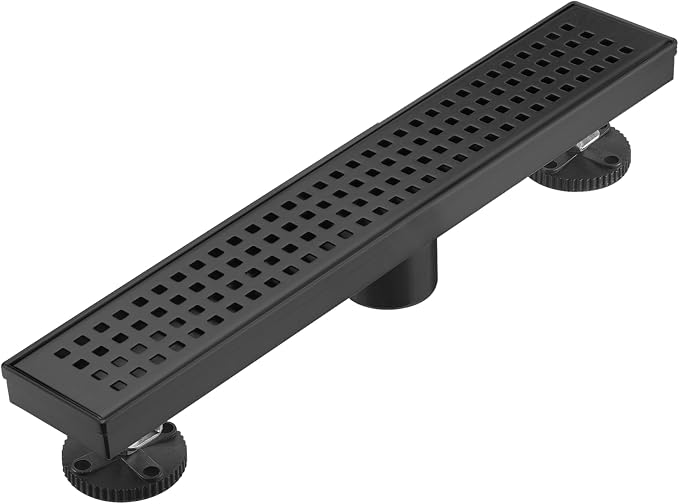 AVSIILE Linear Shower Floor Drain, Matte Black 18 Inch 304 Stainless Steel Bathroom Drains Kit, Long Rectangular Shower Trench Drain with Square Pattern Drain Cover & Hair Catcher
