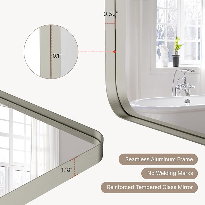 36"x30" Bathroom Vanity Mirror for Wall Aluminum Framed Farmhouse Rectangle | Anti-Rust, HD Reflection Anti-Desilvering, Distortion Free, Tempered and Shatter-Proof Wall Mounted Mirror, Brushed Nickel