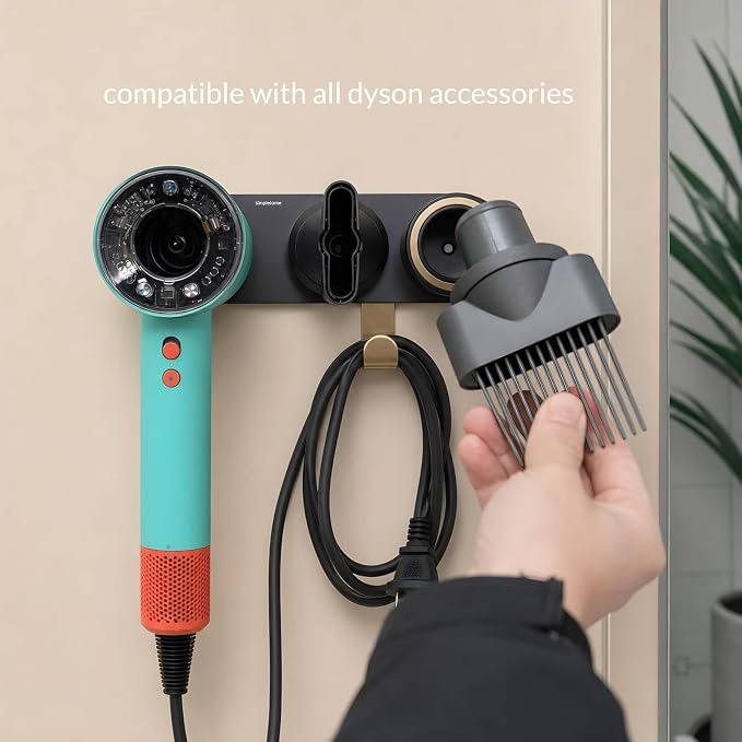 simpletome Magnetic Hair Dryer Holder Wall Mount for Most High Speed Blow Dryer with Plug Cord Organizer Hook (Aluminum Alloy, Black)