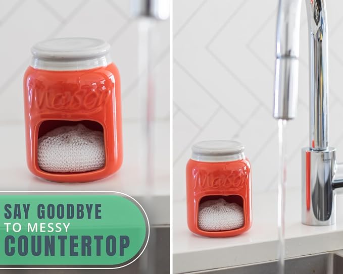 Comfify Coral Mason Jar Ceramic Sponge Holder – Farmhouse Sink Caddy | Coral; mason jar ceramic; 5"H x 3.75" diameter; includes nylon scrubby; embossed ‘MASON’; decorative lid; farmhouse