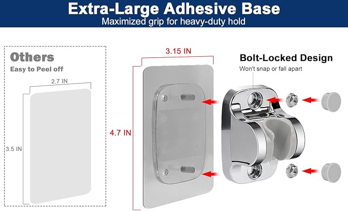 NearMoon Self Adhesive Shower Head Holder-Adjustable Handheld Shower Holder NO Drilling Wall Mount Waterproof (2 Pack, Chrome Finish)