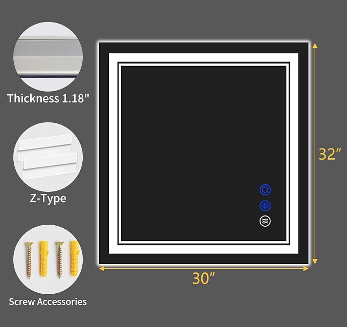 32"x30" LED Bathroom Mirror with Lights,Anti-Fog,3 Color Modes