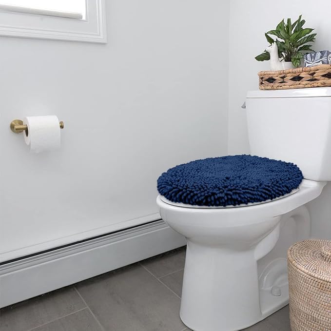 LuxUrux Toilet Lid Cover with Stretch Fit Elastic Band – Chenille Microfiber Toilet Seat Non-Slip Cover for Bathroom – Soft Plush, Machine Wash And Dry, Comfort & Clean Look (18 x 21'', Blue)