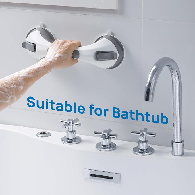 LEVERLOC Grab Bars for Shower 2 Pack Suction Bathtub Safety Rails, Heavy Duty 12 Inch Shower Handle Removable Bath Handrails for Seniors and Elderly, Bathroom Safety Grip No Drilling Waterproof Grey