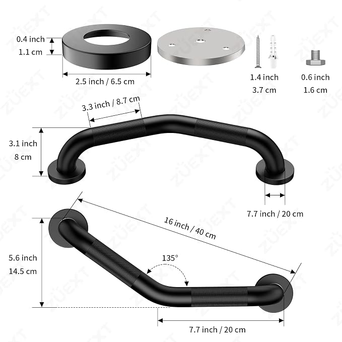 16 Inch Angled Grab Bar 2 Pack, ZUEXT Anti Slip Black Shower Grab Bar Handles, Stainless Steel Knurled Bathroom Balance Bar, Safety Hand Rail Support,Handicap Elderly Injury Senior Assist Bath Handle