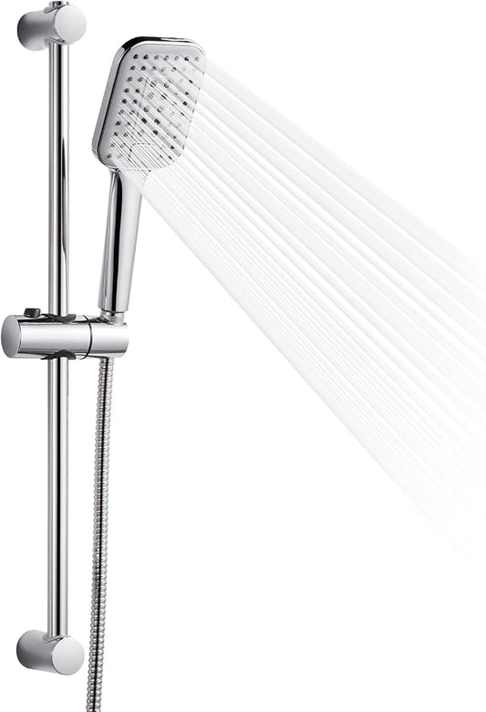 OFFO Shower Slide Bar Combo, Adjustable 21 in Slide Bar with 3-Mode Square Handheld Shower Head and 60 in Stainless Steel Hose, Screw Wall Mounted, Chrome Finish