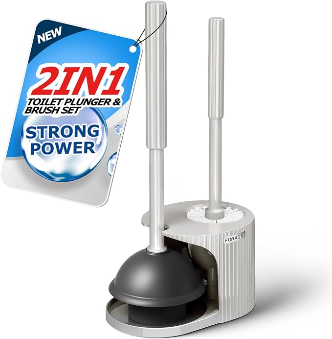 FORASTO 2in1 Toilet Brush & Plunger Set, Bathroom Essentials for Apartment | 21" Extended, Apartment Must Haves, Accessories Decor, Essentials, New Home Storage, Scrubbing Tools, Supplies, Cream Grey