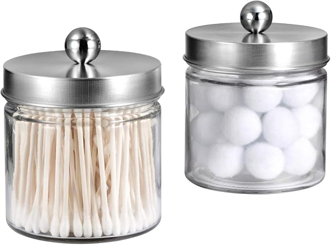 SheeChung Glass Mason Jar Qtip Holder Dispenser, Brushed Nickel Lids,2 Pack | Clear Apothecary Jar,Stainless Steel Lids,Small Bathroom Jars Canisters,Vanity Storage Organizer for Cotton Swabs,Balls,Floss