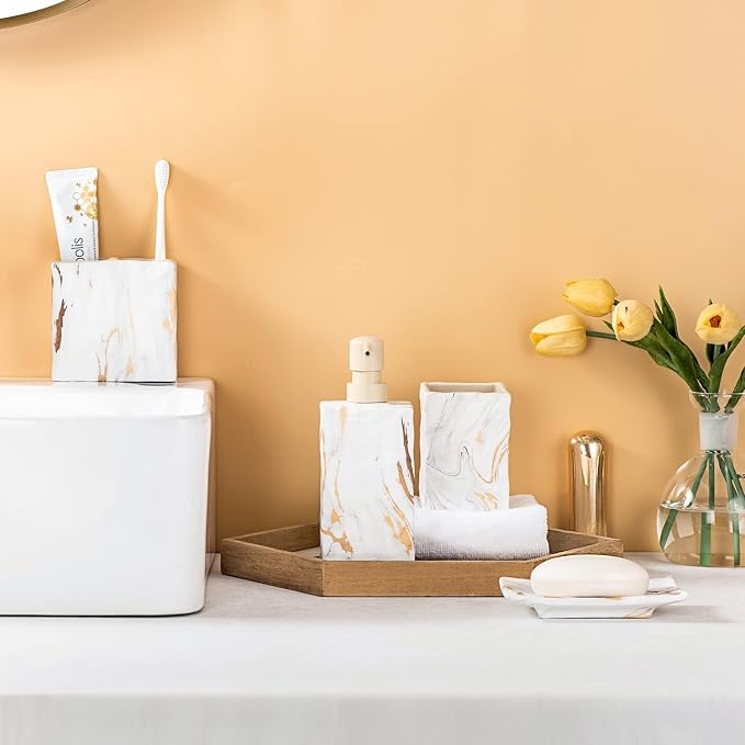 RQYIXI Ceramic 4-Piece Bathroom Accessories Set, Gold, Marble Design | marble look ceramic square design unique veining pattern modern countertop organization