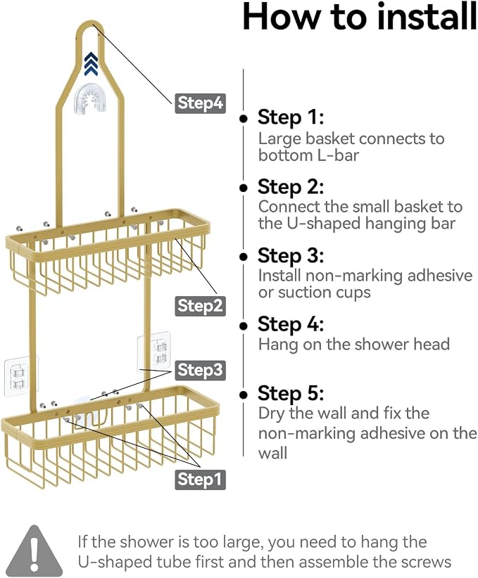 Never Rust Shower Caddy Hanging, Aluminum Shower Racks for Inside Shower, 2-Tier Shower Organizer Hanging Over Shower Head with Hooks and Soap Holder, Gold