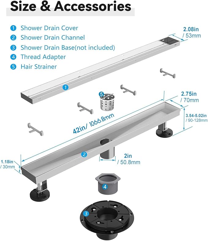 Shower Drain, 2 in 1 Linear Shower Drain 42 Inch(Brushed Nickel), 304 Stainless Steel Shower Floor Drain with Tile Insert Grate,Adjustable Feet,Hair Filter