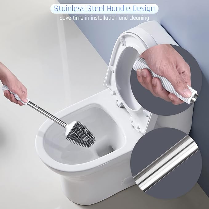 Silicone Toilet Brush, Ventilation Slots Base Holder 3 Pack, White | Flexible Bristles Flat Head for Rim, Hair Tangle-Free, Easy to Clean, Compact Design, Rustproof Handle, for Toilet/Sink/Tub