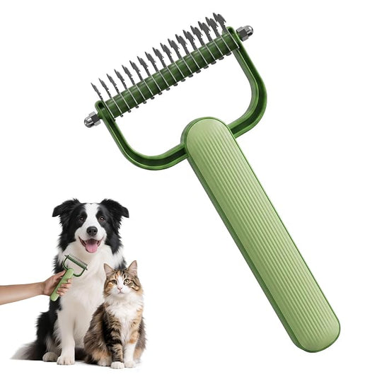 2026 New Double-Sided Dematting Comb for Dogs & Cats, Pet Grooming Tool for Long Haired Thick Double Coat Pets, Undercoat Rake Deshedding Brush for Tangles Matted Shedding Fur, Green-L-1Pcs