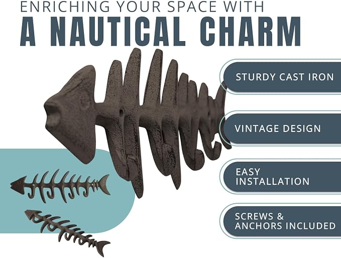 Comfify Rust Brown Fish Bones Cast Iron Wall Hook Rack – 4 Hooks, Screws | Rust Brown; fish bones cast iron; 25"L x 3.34"H; 4 hooks; screws & anchors included; coastal nautical decor