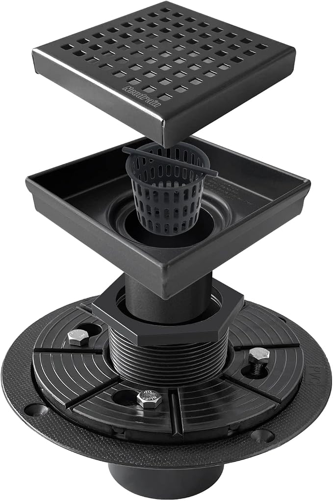 Neodrain 4-Inch Square Shower Drain with Removable Quadrato Pattern Grate, 304 Stainless Steel, Includes PVC Shower Drain Base&Hair Strainer, Shiny Black