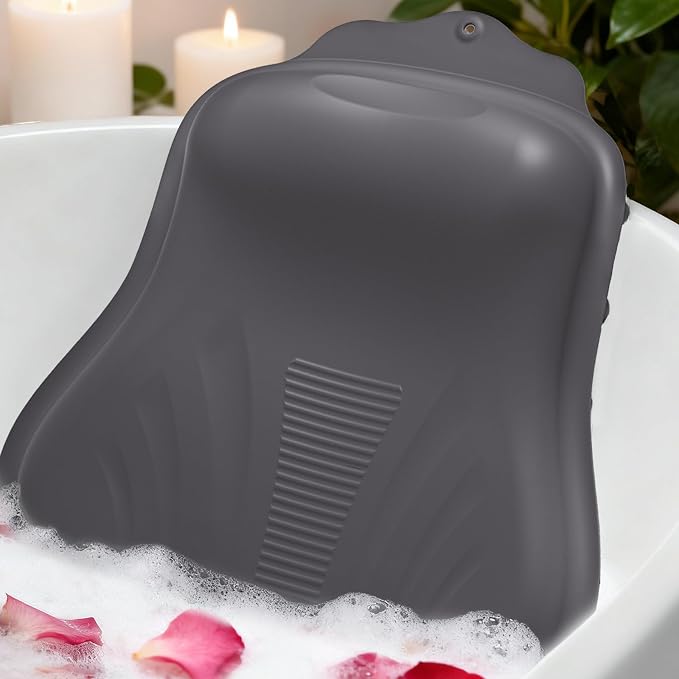 Bath Pillow for Tub, Adjustable Silicone Bathtub Pillows for Head and Neck, 0"–2.3" Neck Support, 34 Suction Cups, Easy to Clean, No Machine Wash Needed (Dark Gray)