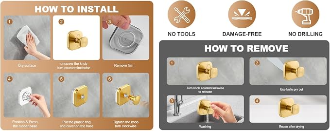 Suction Cup Hooks for Shower, Heavy Duty Stainless Steel Towel Hooks for Bathroom Wall, No Drilling Removable Robe Loofah Holder for Glass Door, Mirror, Kitchen, 2 Pack Brushed Gold