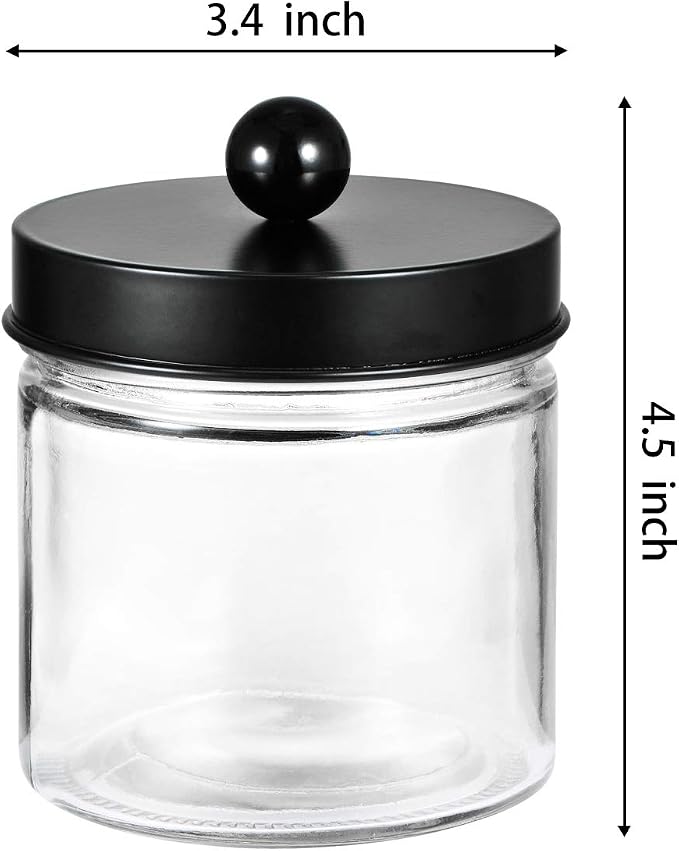 SheeChung Glass Mason Jar Qtip Holder, Black Stainless Steel Lids, 2 Pack | Clear Apothecary Jar Canisters Set,Bathroom Jar Dispenser,Vanity Storage Organizer for Cotton Swab,Ball,Floss,Farmhouse Decor